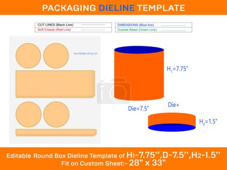 Téléchargez les illustrations : Grande boîte, couvercle rond boîte cadeau dieline modèle avec la dimension H1 7.75xP 7.5xH2 1,5 pouces - en licence libre de droit