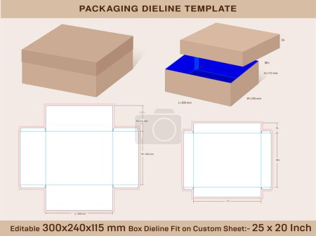 Caja base rectangular 300x240x115mm, tapa H 45 mm Dieline plantilla