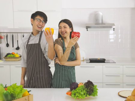 Téléchargez les photos : Jeune couple asiatique préparant la nourriture dans la cuisine moderne tenant capsicum jaune et rouge souriant joyeusement. - en image libre de droit