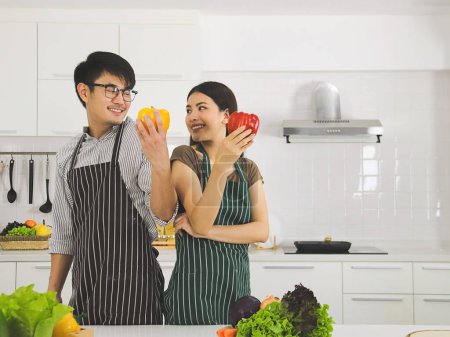 Téléchargez les photos : Jeune couple asiatique préparant la nourriture dans la cuisine moderne tenant capsicum jaune et rouge souriant joyeusement et se regardant. - en image libre de droit