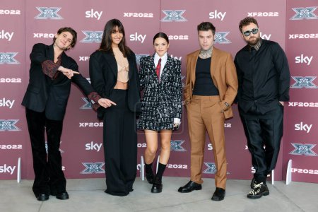 Photo for MILANO, ITALY - OCTOBER 25: Rkomi, Ambra Angiolini, Francesca Michielin, Fedez, Dargen DAmico attend the X Factor Live Photo-call at Repower Theatre on October 25, 2022 in Milan, Italy - Royalty Free Image