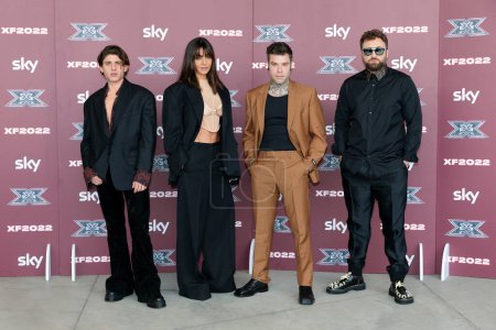 Photo for MILANO, ITALY - OCTOBER 25: Rkomi, Ambra Angiolini, Fedez, Dargen DAmico attend the X Factor Live Photo-call at Repower Theatre on October 25, 2022 in Milan, Italy - Royalty Free Image