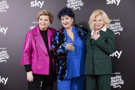 Photo for MILAN, ITALY - FEBRUARY 15: Mara Maionchi, Marisa Laurito and Sandra Milo attend the "Quelle Brave Ragazze - Season 2 photo-call at Grand Hotel Et De Milan on February 15, 2023 in Milan, Italy. - Royalty Free Image