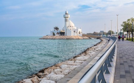 Photo for White Salem Bin Laden Mosque built on the island with sea in the background and walking promenade, Al Khobar, Saudi Arabia - Royalty Free Image