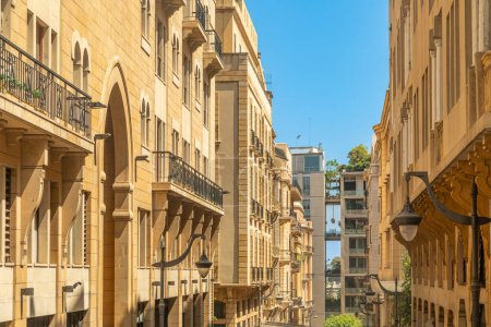 Photo for Old Beirut central downtown narrow street architecture with buildings and street lights on both sides, Lebanon - Royalty Free Image