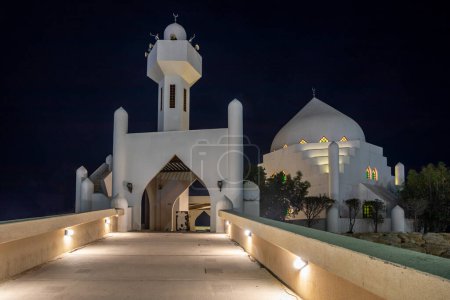 Photo for White Salem Bin Laden Mosque built on the island in the twilight, Al Khobar, Saudi Arabia - Royalty Free Image