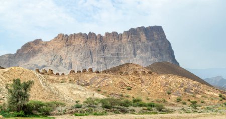 Groupe d'anciennes tombes de ruches en pierre avec la montagne Jebel Misht en arrière-plan, site archéologique près d'al-Ayn, sultanat d'Oman