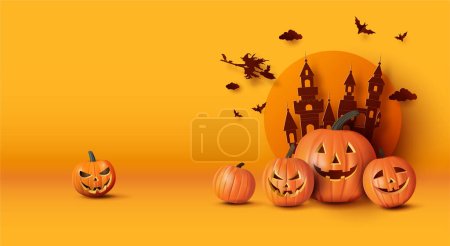 Téléchargez les illustrations : Art découpé en papier Joyeux Halloween saluant bannière avec des citrouilles et - en licence libre de droit