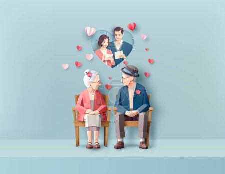 Illustration for Love and Valentine day, loving  couples over 80 years old sit on chair ,  paper craft style.Content with vector Application and Program  advance  tools, not image trace from bitmap. - Royalty Free Image