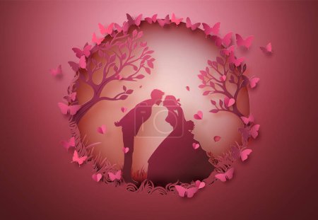 Illustration for Vector illustration of love an Valentine day, Two lovers under tree, copy space, greeting card.Paper cut art style. Content with Vector EPS muti-objects and layers not image Trace.. - Royalty Free Image