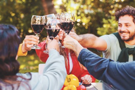 Téléchargez les photos : Happy friends raising wine glasses for a celebratory toast sitting in the vineyard - group of young people having fun sitting together at picnic table in the countryside and drinking wine -lifestyle - en image libre de droit