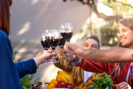 Téléchargez les photos : Un groupe d'amis lève ses verres à vin dans un toast joyeux lors d'une réunion de jardin en plein air, entouré de produits frais et de la chaleur de la camaraderie. - en image libre de droit