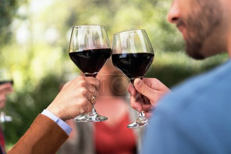 Téléchargez les photos : Gros plan d'un toast avec d'élégants verres à vin rouge, capturant la chaleur d'une célébration amicale. - en image libre de droit