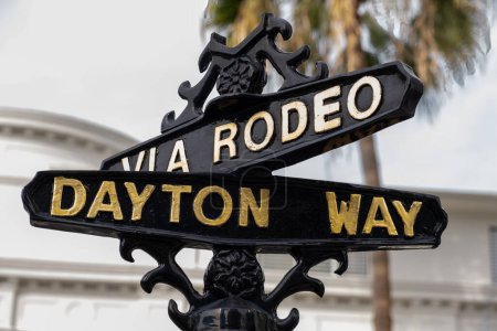 Photo for Vintage signpost of Via Rodeo and Dayton Way - Iconic intersection in luxurious Beverly Hills. - Royalty Free Image