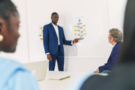 Téléchargez les photos : Homme d'affaires présentant un calendrier de projet à ses collègues - équipe concentrée en réunion stratégique - atelier d'entreprise. - en image libre de droit