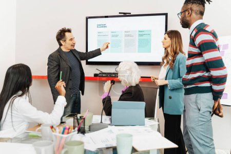 Un equipo de negocios que participa en una sesión de planificación de contenidos - presentador que describe la estrategia en una pantalla, desarrollo de contenido - interacción del equipo de marketing, taller para una lluvia de ideas creativa.