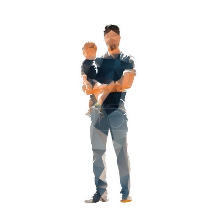 Un homme tenant un enfant dans ses bras, vue de face. Illustration vectorielle isolée polygonale basse de triangles. Jeune parent avec enfant