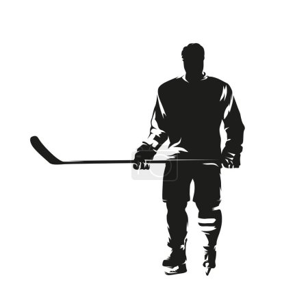Ice hockey player standing, isolated vector silhouette, ink drawing. Ice hockey logo. Front view