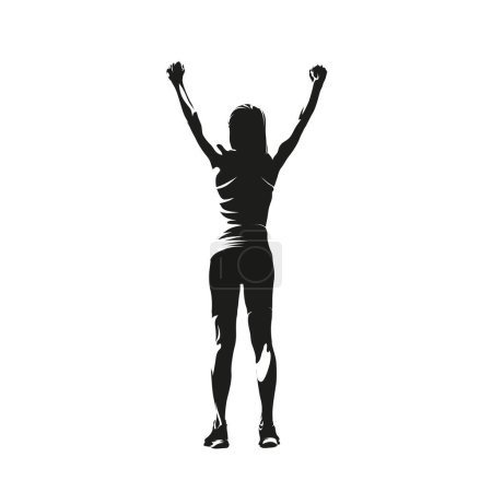 Illustration for Woman celebrates with her hands raised. Abstract isolated vector silhouette. Rear view. Successful woman - Royalty Free Image