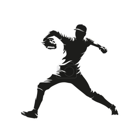 Illustration for Baseball pitcher throws ball, isolated vector silhouette, side view. Baseball logo - Royalty Free Image