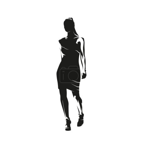 Ilustración de Mujer de negocios en vestido corto caminando, silueta vectorial aislada abstracta, pasarela modelo de moda, vista frontal - Imagen libre de derechos