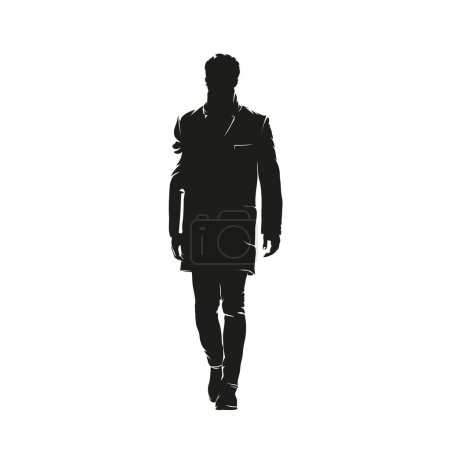 Téléchargez les illustrations : Homme d'affaires en manteau marchant, vue de face, silhouette vectorielle isolée abstraite, dessin à l'encre, mannequin masculin - en licence libre de droit