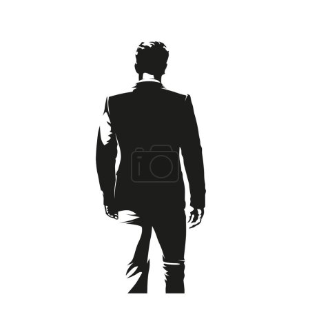 Businessman in suit standing, rear view, isolated vector silhouette. Suited elegant man. Business people