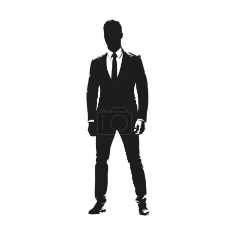 Geschäftsmann im Anzug stehend, isolierte Vektorsilhouette, Frontansicht. Geschäftsmann im Anzug