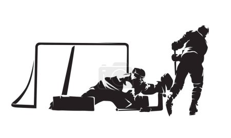 Illustration for Ice hockey penalty shot, isolated vector silhouette, ink drawing.  Breakaway. Hockey goaltender makes save. - Royalty Free Image
