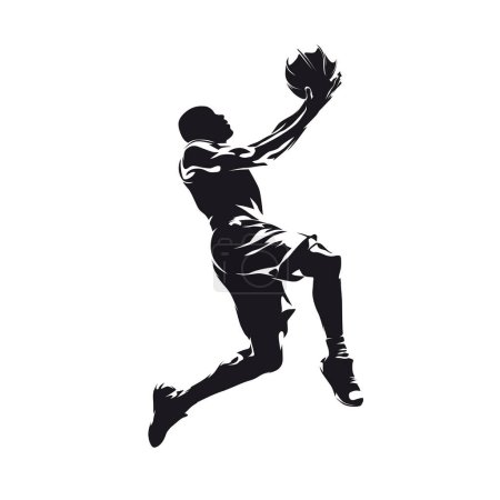 Illustration for Basketball player scoring, isolated vector silhouette, side view. Basketball logo - Royalty Free Image