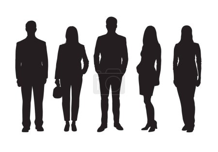 Group of business people, men and women, set of isolated vector silhouettes. Businessmen and businesswomen standing
