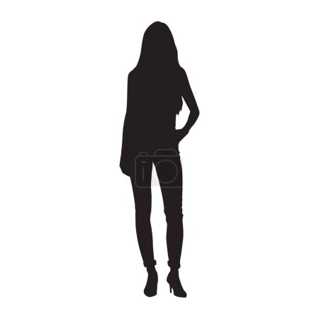 Téléchargez les illustrations : Jeune femme debout, silhouette vectorielle isolée, vue de face - en licence libre de droit