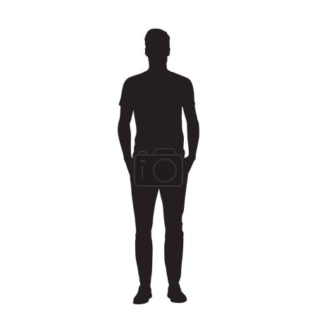 Illustration for Young man standing with hands in pockets, isolated vector silhouette, front view - Royalty Free Image