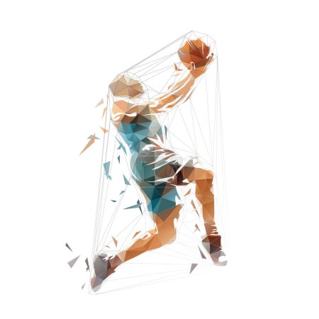 Gracz koszykówki punktacji, niski wielokątny izolowany wektor ilustracji, widok z boku. Geometryczne logo koszykówki z trójkątów