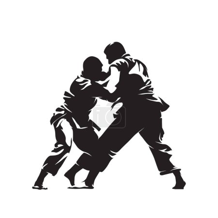 Judo, dos luchadores masculinos, silueta vectorial aislada, dibujo de tinta