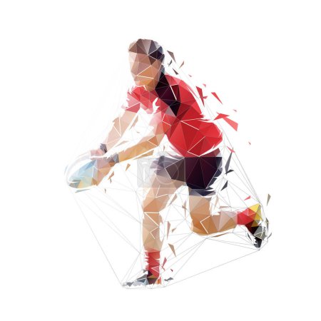 Téléchargez les photos : Joueur de rugby lançant une balle, illustration isolée à faible vecteur poly. Logo du rugby - en image libre de droit