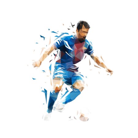 Fußballspieler, Fußball, isolierte Darstellung des Low-Poly-Vektors. Geometrischer Mannschaftssportler