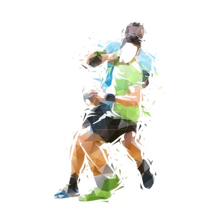 Balonmano, dos jugadores, ilustración vectorial baja polivinílico aislado. Grupo de atletas deportivos de equipo