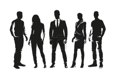 Des gens, un groupe de silhouettes vectorielles. Hommes d'affaires et femmes d'affaires debout, figures noires isolées