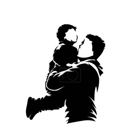 Familie, Mann trägt kleinen Sohn auf dem Arm. Spaß mit Papa. Vatertag. Isolierte Vektorsilhouette