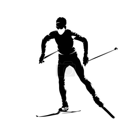 Téléchargez les illustrations : Homme ski de fond, silhouette vectorielle isolée, vue de face - en licence libre de droit
