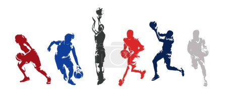Téléchargez les illustrations : Basketball, groupe d'hommes et de femmes jouant au basket-ball, ensemble de silhouettes vectorielles isolées - en licence libre de droit