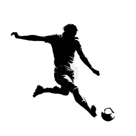 Football player kicking ball, isolated vector silhouette. Soccer logo