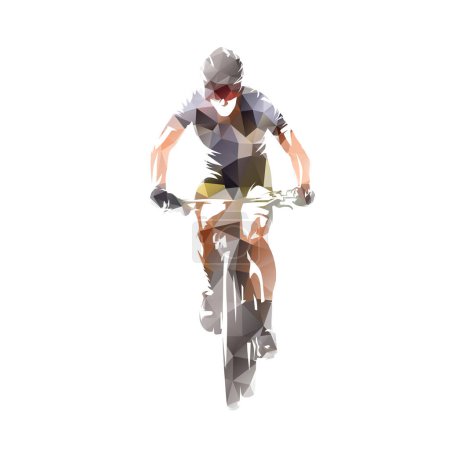 Ciclismo, hombre montando una bicicleta de montaña, vista frontal, ilustración de vector de poli bajo aislado