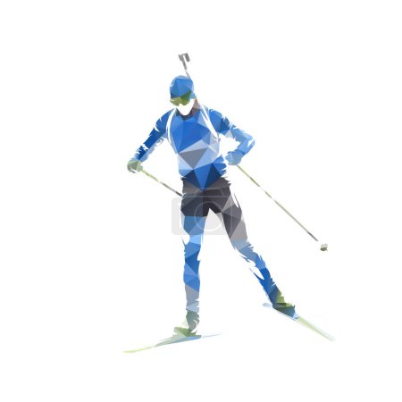 Biathlon race, man skiing, isolated low poly vector illustration, front view