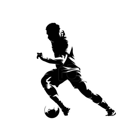 Fútbol, jugador de fútbol corriendo con pelota, silueta vectorial aislada, vista lateral
