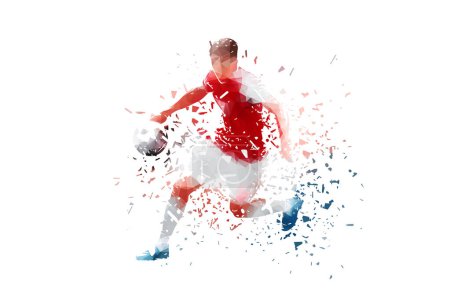 Jugador de fútbol, fútbol, aislado baja poli vector ilustración con efecto de rotura, vista frontal