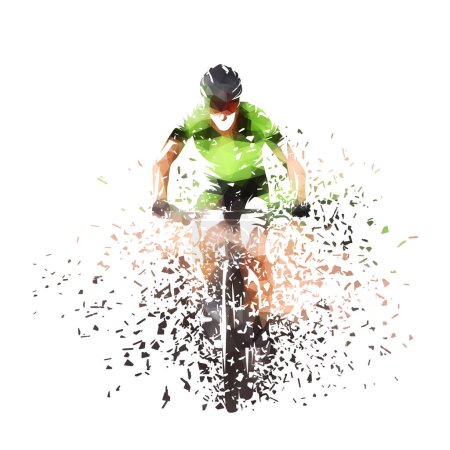 Ciclismo, hombre montando una bicicleta de montaña, ilustración de vector de poli bajo aislado con efecto de rotura, vista frontal