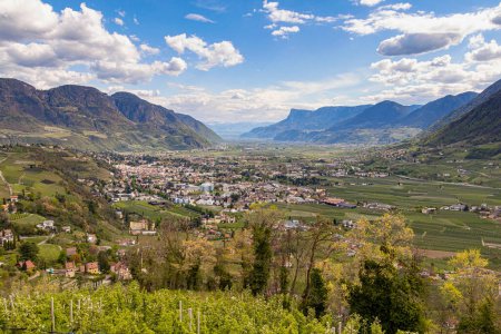 Vista sobre el paisaje urbano de Merano y el valle del Adigio desde Dorf Tirol, Tirol del Sur, Italia. 