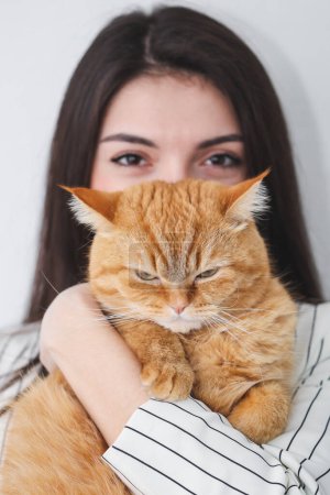 Photo for Portrait of one beautiful young Caucasian brunette with brown eyes, long and straight hair in a classic striped jacket holding in her arms a red purebred cat with a dissatisfied emotion against the - Royalty Free Image